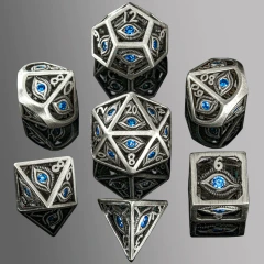 Ancient Silver with Blue Gems Dragon Eye Hollow Metal Dice set